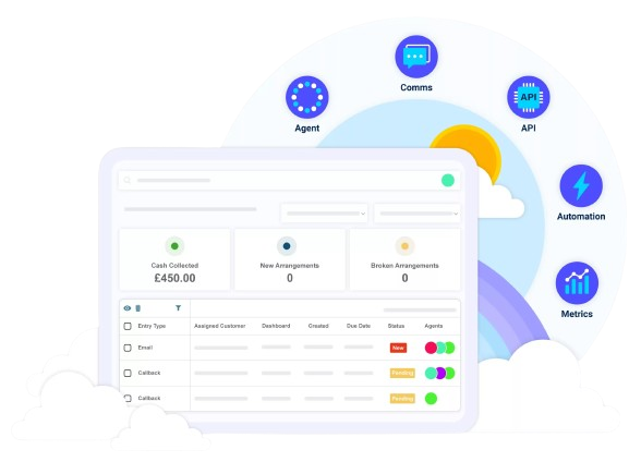 Agent CRM dashboard showing cash collected, arrangements and a worklist of customer entries.