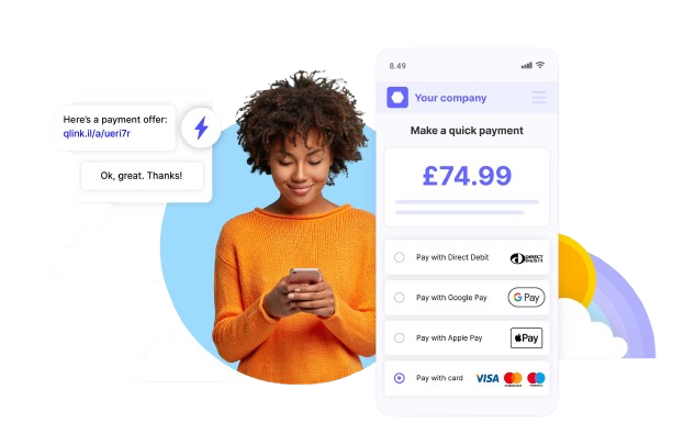 A customer paying via a mobile payment link with Direct Debit, Google Pay, Apple Pay and card options.