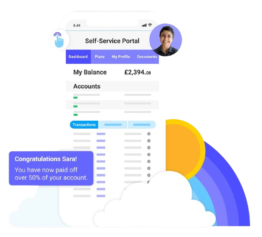 Customer self-service portal on mobile showing balance, accounts and a paid-off congratulations message.